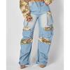 Women's Loose Fit Two Piece Pantsuit Long Sleeve Floral Cropped Jacket High Waist Multi Pocket Cargo Denim Matching Set