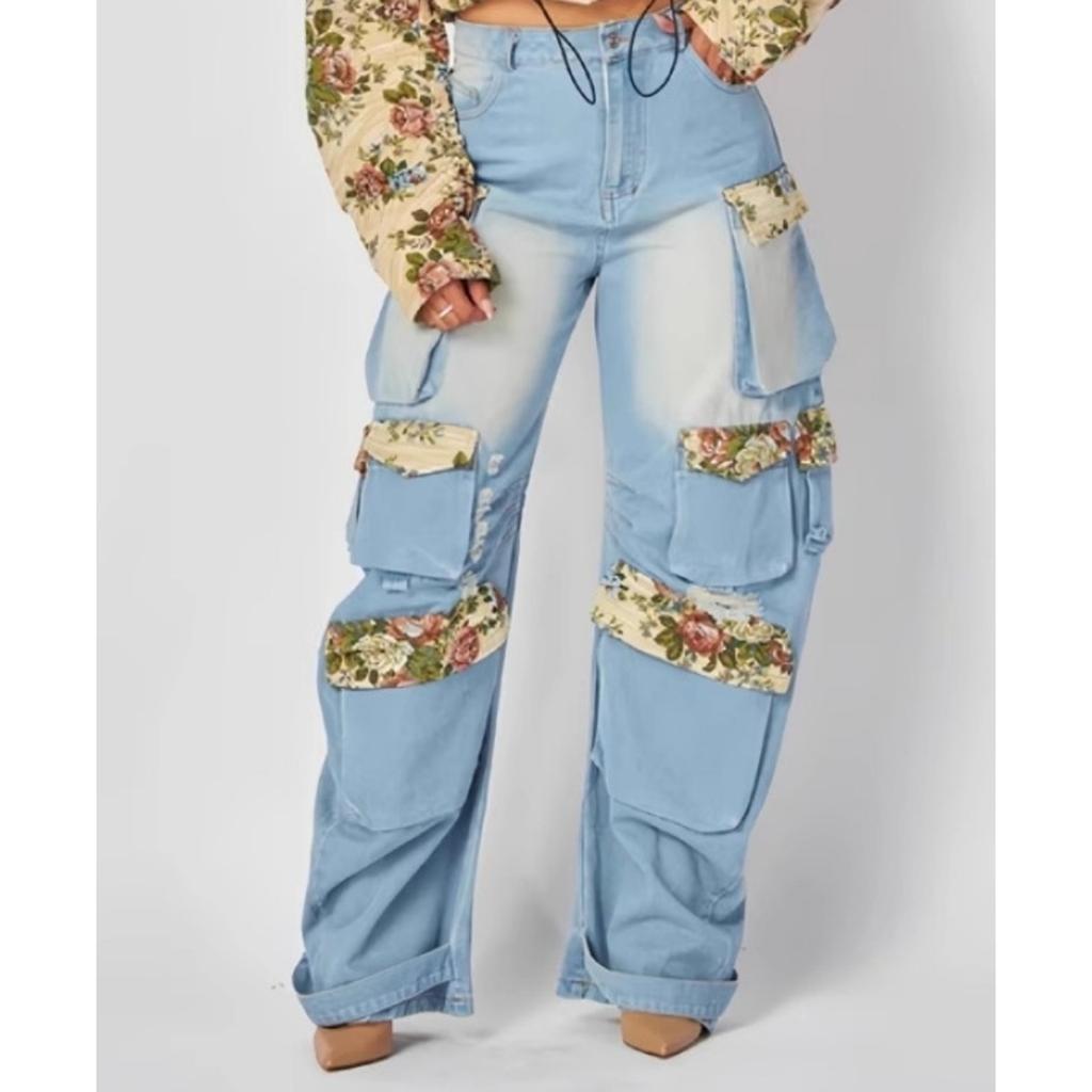 Women's Loose Fit Two Piece Pantsuit Long Sleeve Floral Cropped Jacket High Waist Multi Pocket Cargo Denim Matching Set