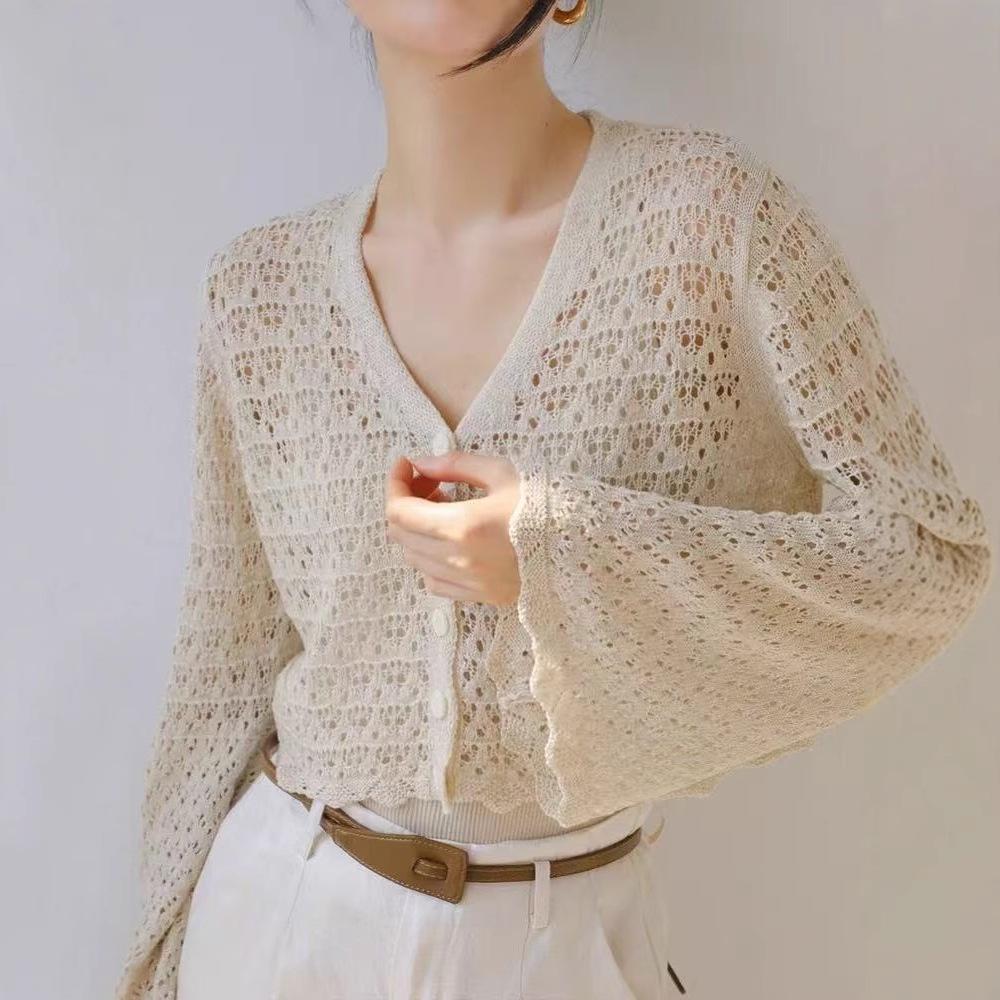 Female Hollow V-neck Knitted Cardigan Thin Cover Long Sleeved Solid Color Top Fashionable
