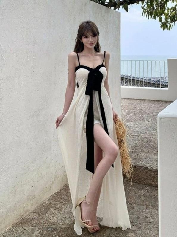 French white mesh suspender dress women's clothing is beautiful in summer, pure desire temperament, slim-fitting hip-wrapped split-fork long dress