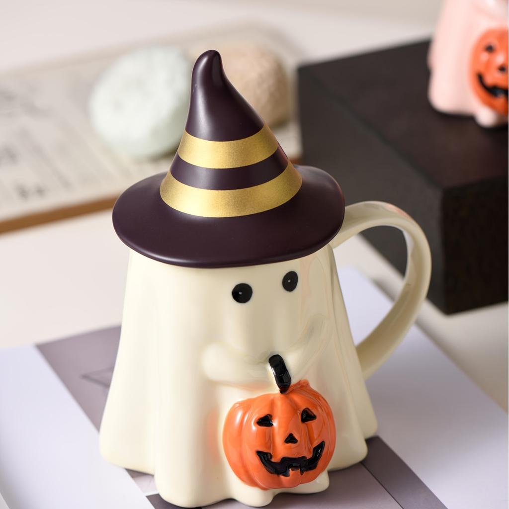 1ks 450ml/15oz Halloweenský keramický hrnek na kávu s 3D roztomilým dýňovým designem, novinkový hrnek s duchem s rozkošným dýňovým obličejem a kloboukem