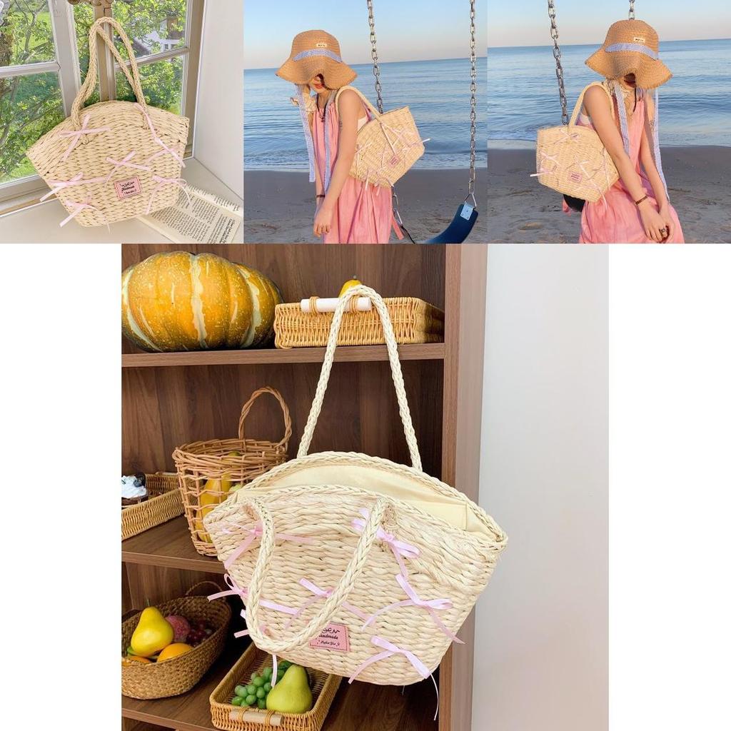 Einfache Rosa Schleife Dekoration Damen Lässige Grasgewebte Handtasche Für Den Täglichen Gebrauch Und Strandausflüge