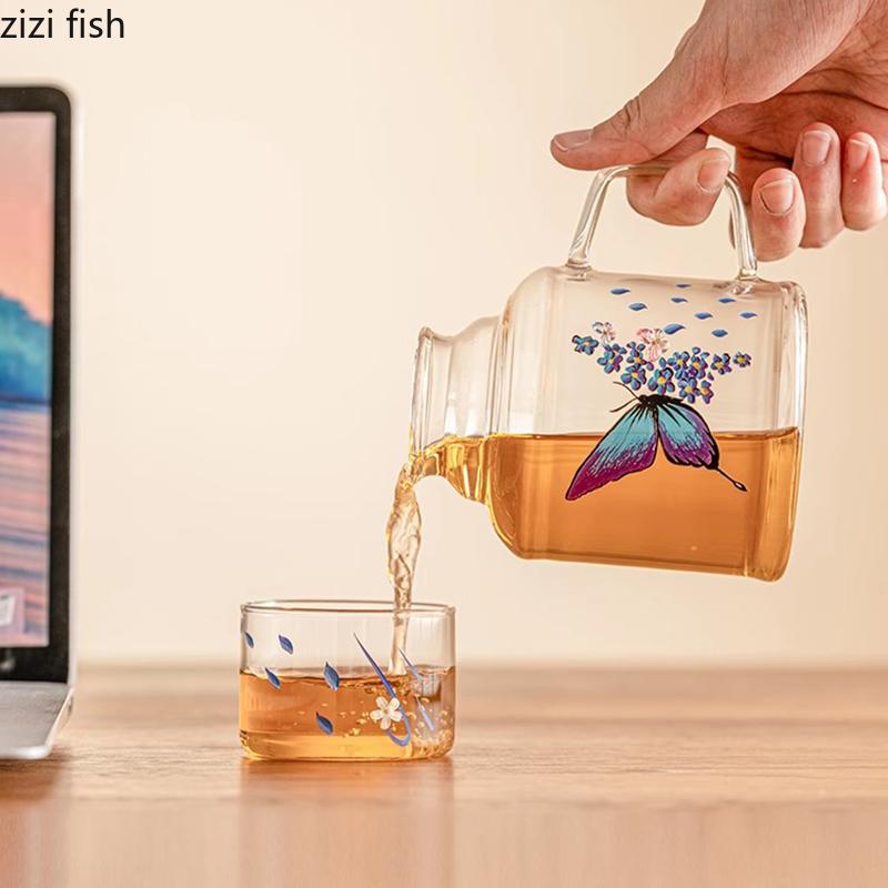 Creative Flower Butterfly Glass Cold Kettle Set High Temperature Resistant Tea Pot Home Large Capacity Beverage Fruit Tea Pot