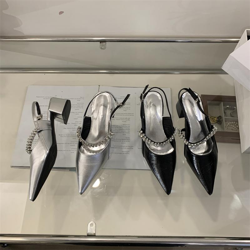 Mode Neue Damen Silberner Fersenverschluss Sandalen Famele High-Heel Strass Mary Jane Schuhe Damen Slingback Temperament Goldene Pumps