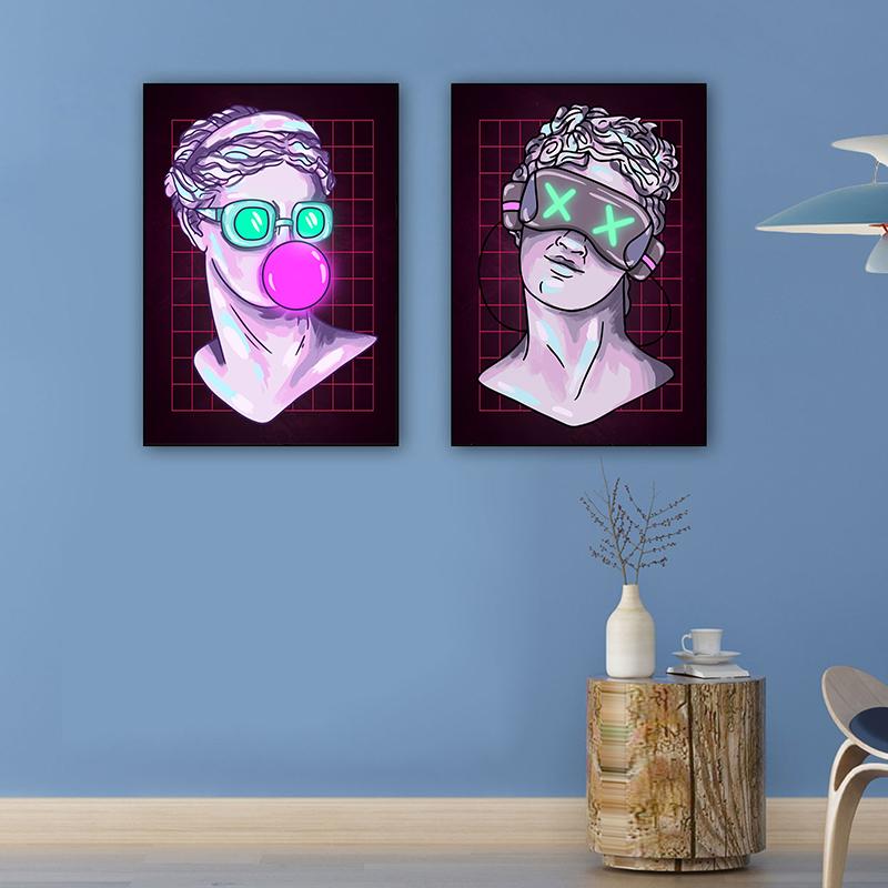 Neon Effect Vaporwave Glitch Sculpture Posters Print Canvas Painting Abstract Wall Art Picture For Modern Living Room Home Decor