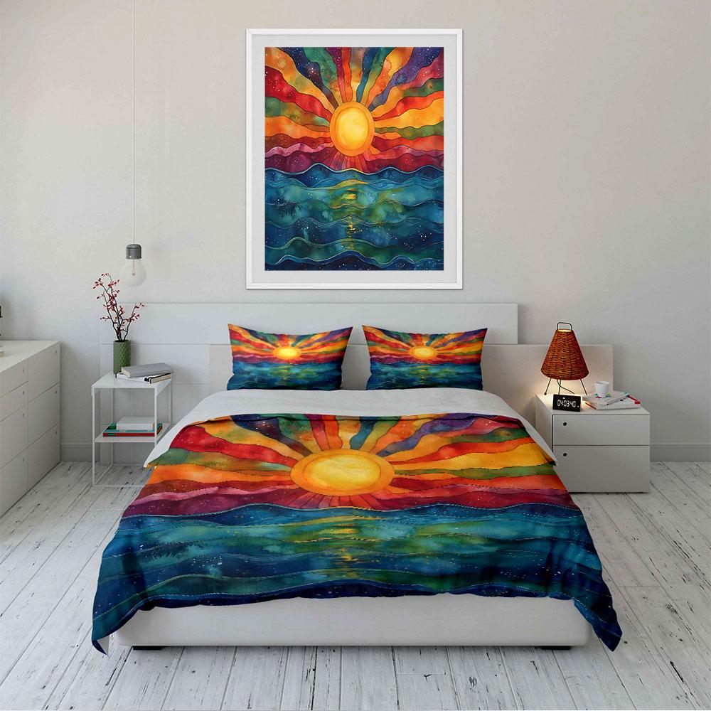 Colorful Sunrise Over Waves Bedding Duvet Cover Set Duvet Cover Pillowcases  (1*Duvet Cover 2*Pillowcases, Without Duvet Insert)