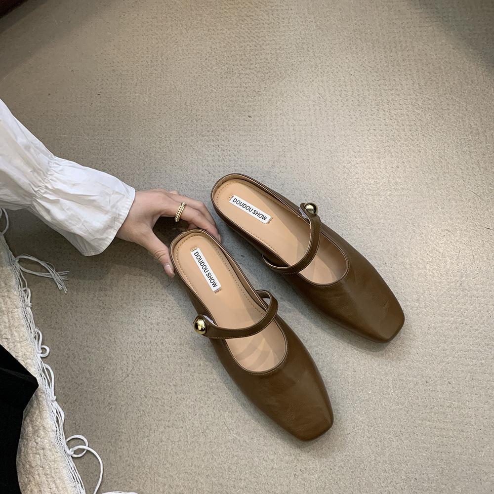 Flat-bottomed Bag Head, Half Slippers, Women's Outer Wear 2025 Spring New Models, Pregnant Women with One Foot, Small Fragrant Lazy Shoes, Trendy Flat