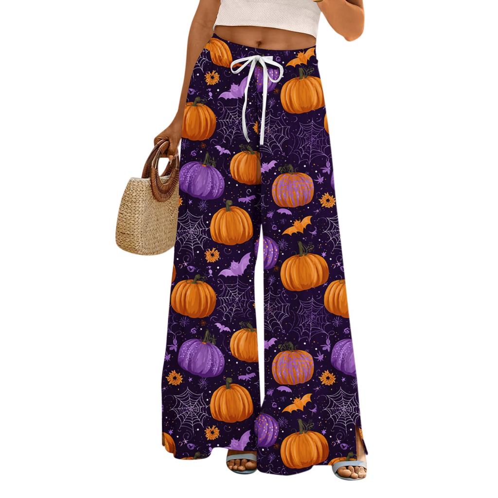 Ladies' Loose And Casual Halloween Printed Wide Leg Pants With Elastic Waistband Drawstring And Pocket Pants