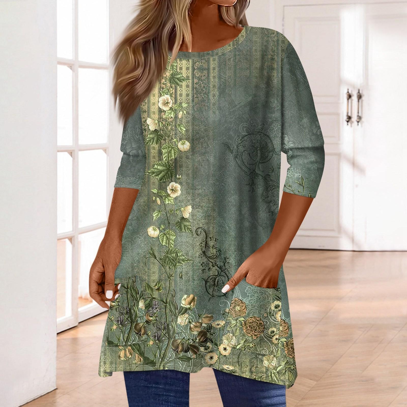 

3/4 рукава кармана топы для женщин футболка повседневный принт средней длины топы футболка круглый вырез пуловер блузка L армия зеленый