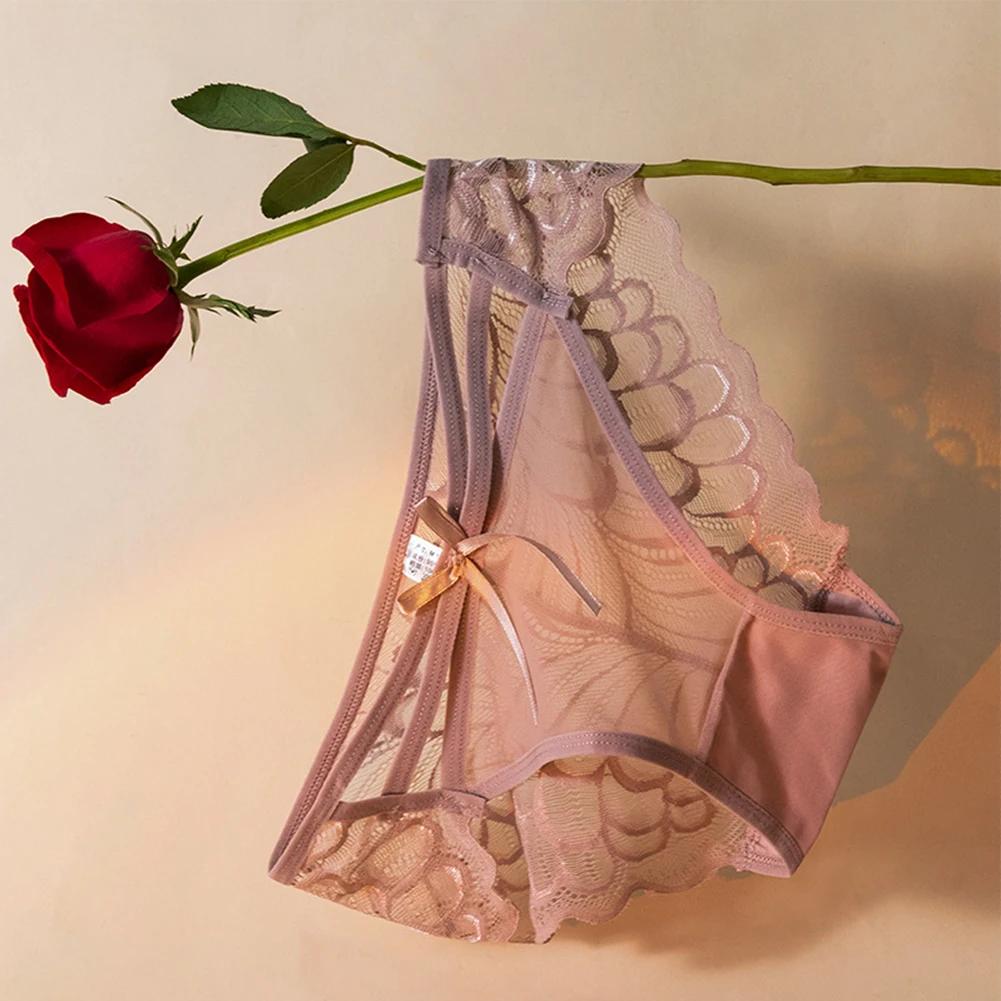 Women\'s Low Rise Lingerie Sexy Lace Mesh Bow Panties See Through Underwear Hot Girl Briefs Ultra-Thin Breathable Underpants