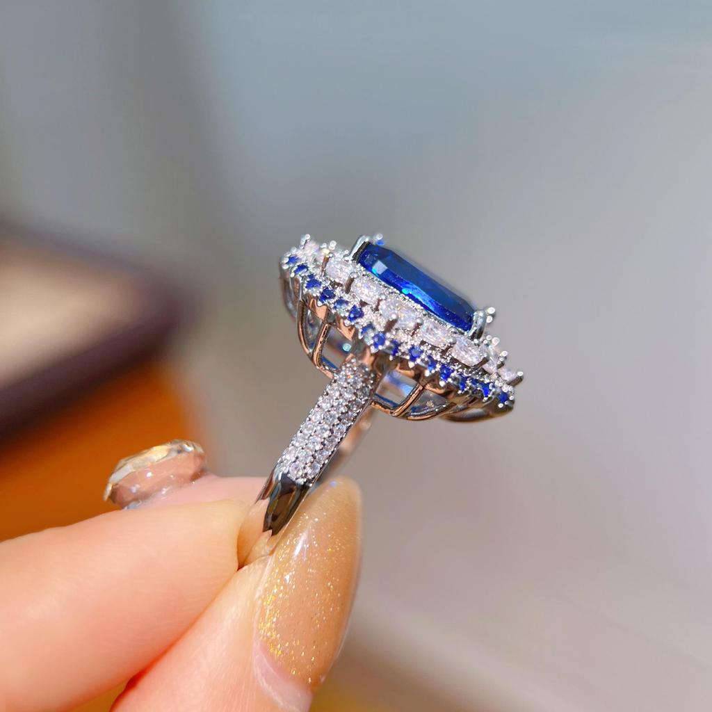 Elegant Set: Diamond-Inlaid Pendant, Blue Spinel Ring, and Stud Earrings with Imitation Royal Blue Sapphire for Women