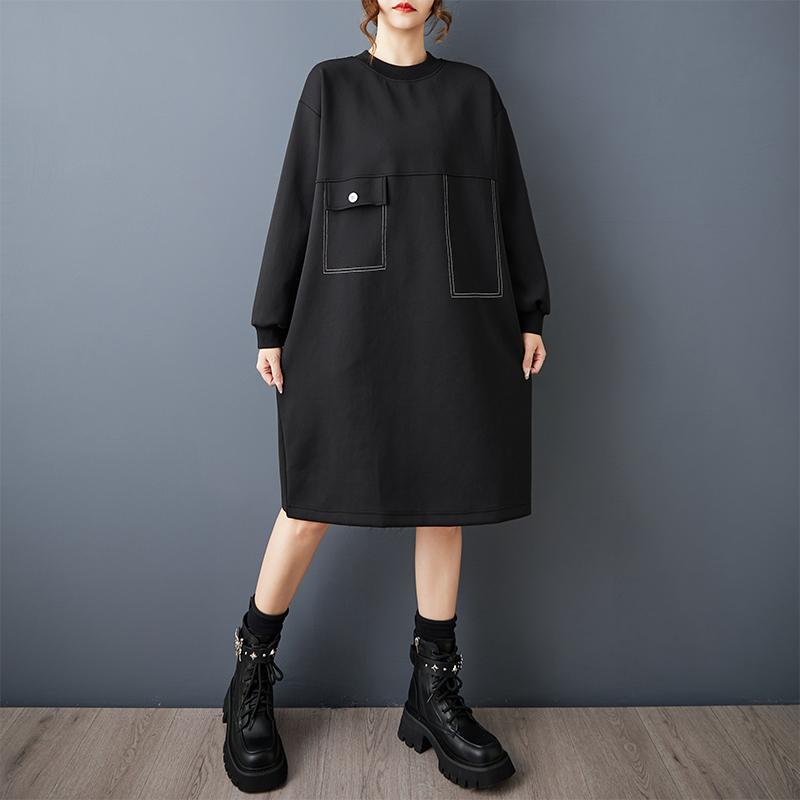 DIMANAF 2025 Women Plus Size Autumn Shirt Dress Long Sleeve Loose Casual Oversize Vintage Dress Black