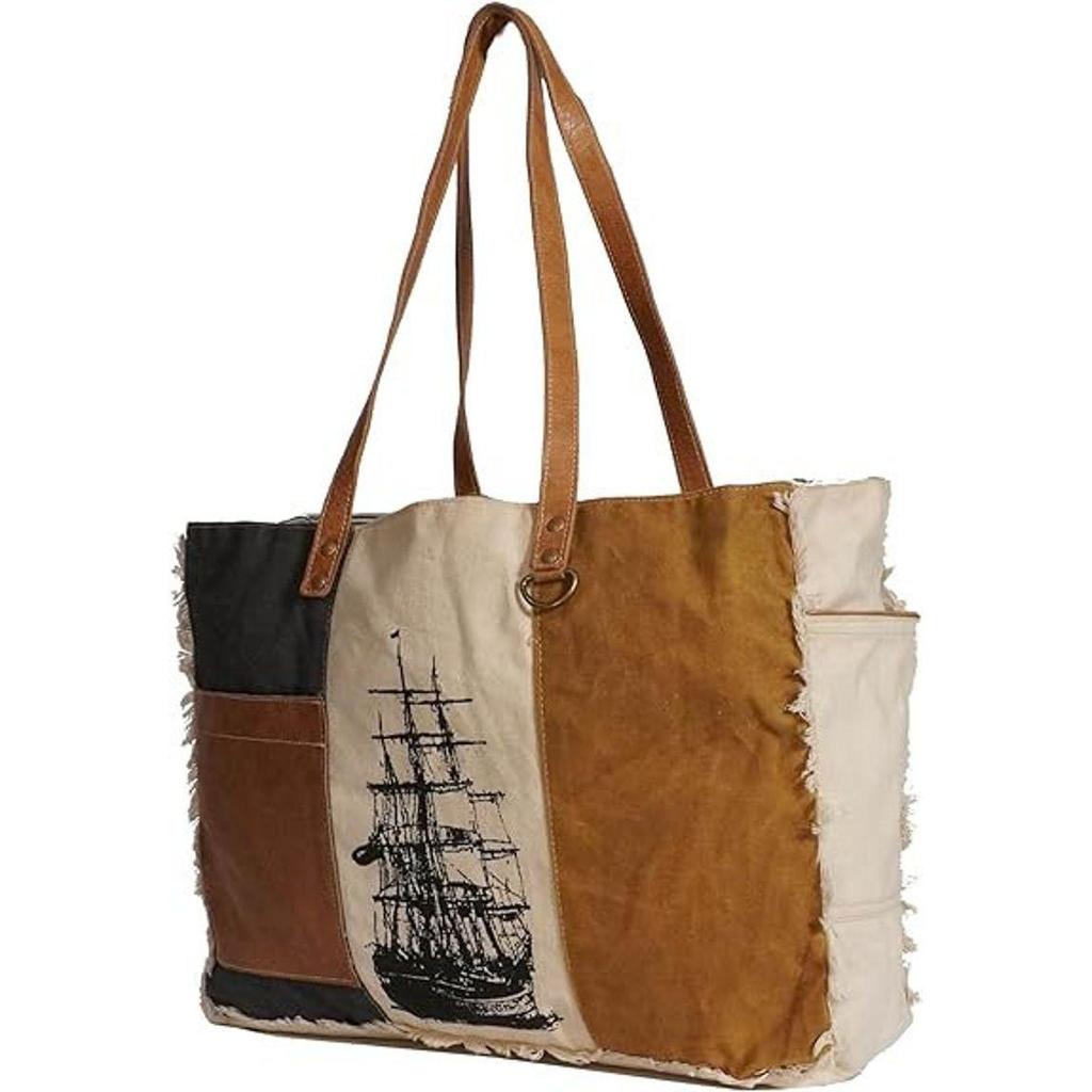 Sel De Mer Large Shoulder Bag and Cowhide Tote Upcycled Canvas & Cowhide Leather Handbag Bag for Women