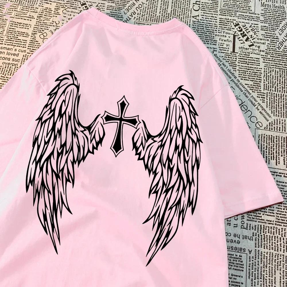 Casual Womens T-Shirts Cross Body and Flying Wings Funny Prints Short Sleeve O-Neck Soft Fashion Female Clothes
