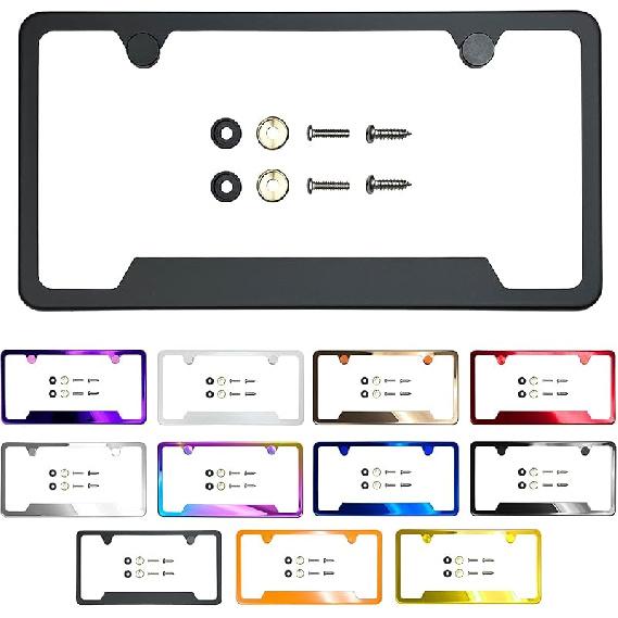 Bottom Corner Cut Out Version License Plate Frame Rose Gold Mirror Chrome Electroplating Universal Fit Aluminum Screw On Cap Cover, T304 Stainless