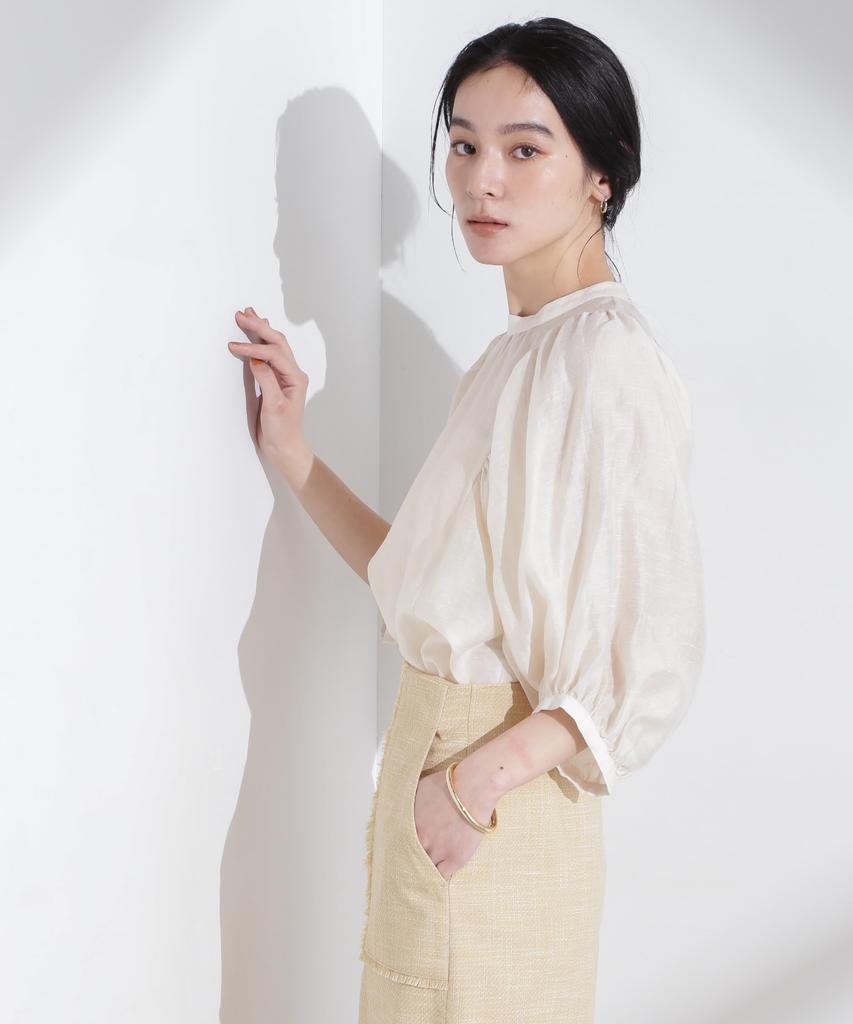 Nano Universe Linen Blend Sheer Blouse with Volume Size F Women's Sleeves, Ivory, 037, 669-5120317