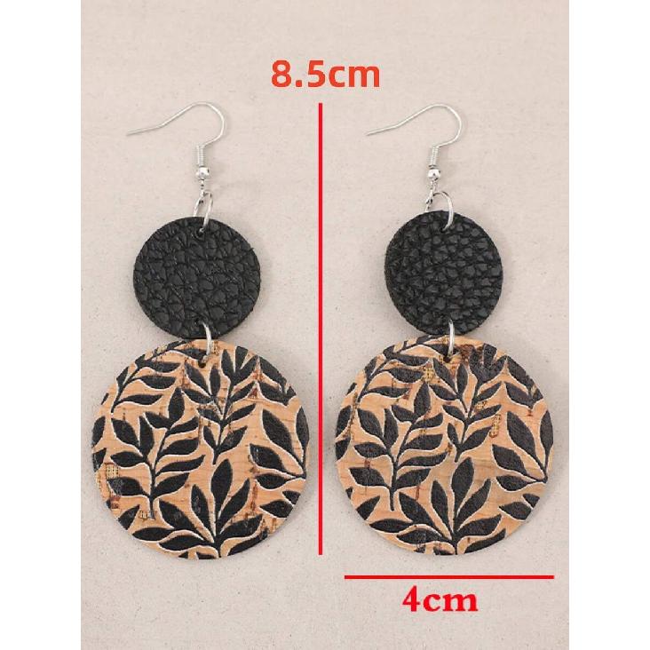 1 Pair New Vintage Brown Disc Printed Black Leaf Patchwork Black Leather Earrings