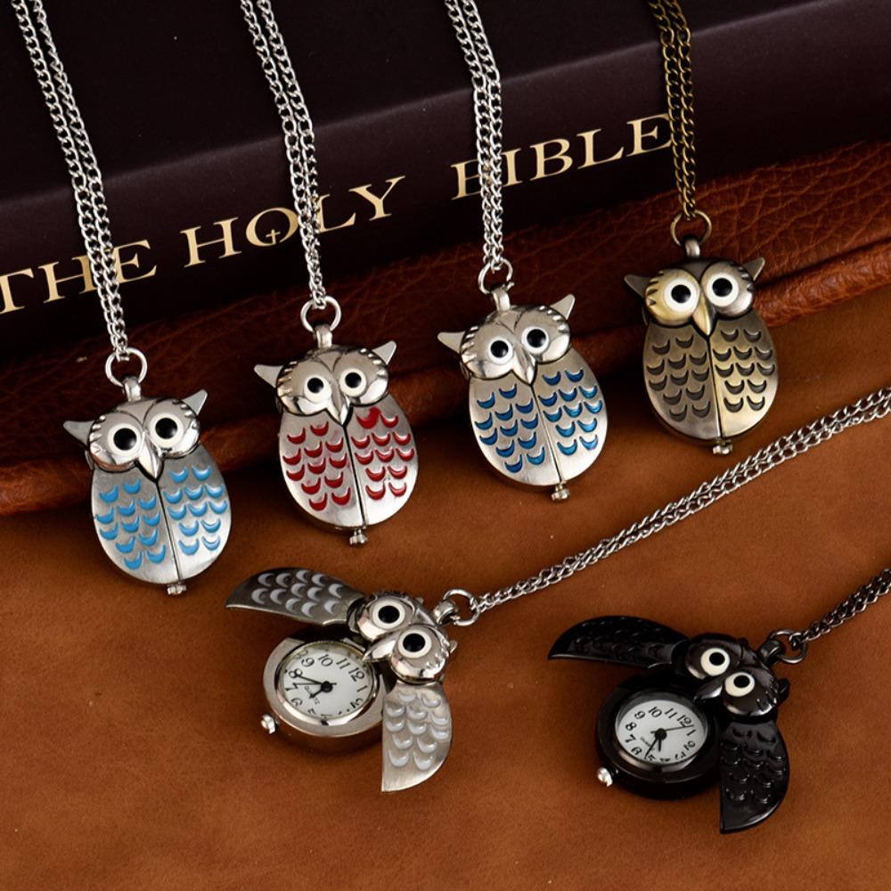 Cute Owl Keychain Pocket Watch Flip Style Children's Watches Necklace Hanging Watch Daily Wear