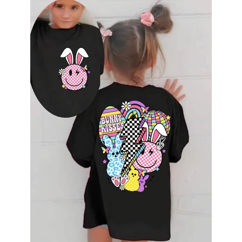 Front and back double prints, Easter, girls, rainbow and cartoon leopard print rabbit prints casual round neck versatile T-shirt