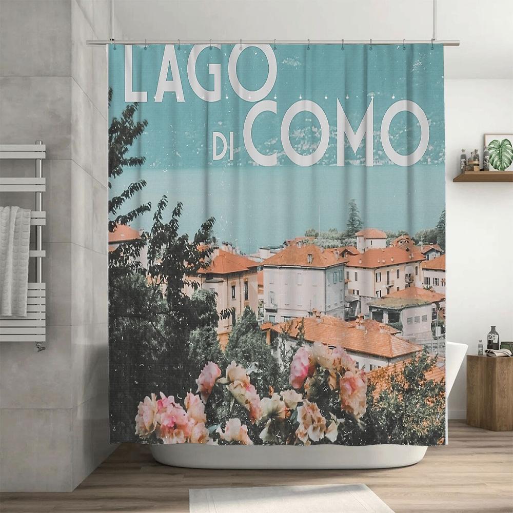 Vintage Italian Village Shower Curtain Mediterranean Coastal Aesthetic Bathroom Decor Rustic Tuscan Home Decor Wall Art Scenic L