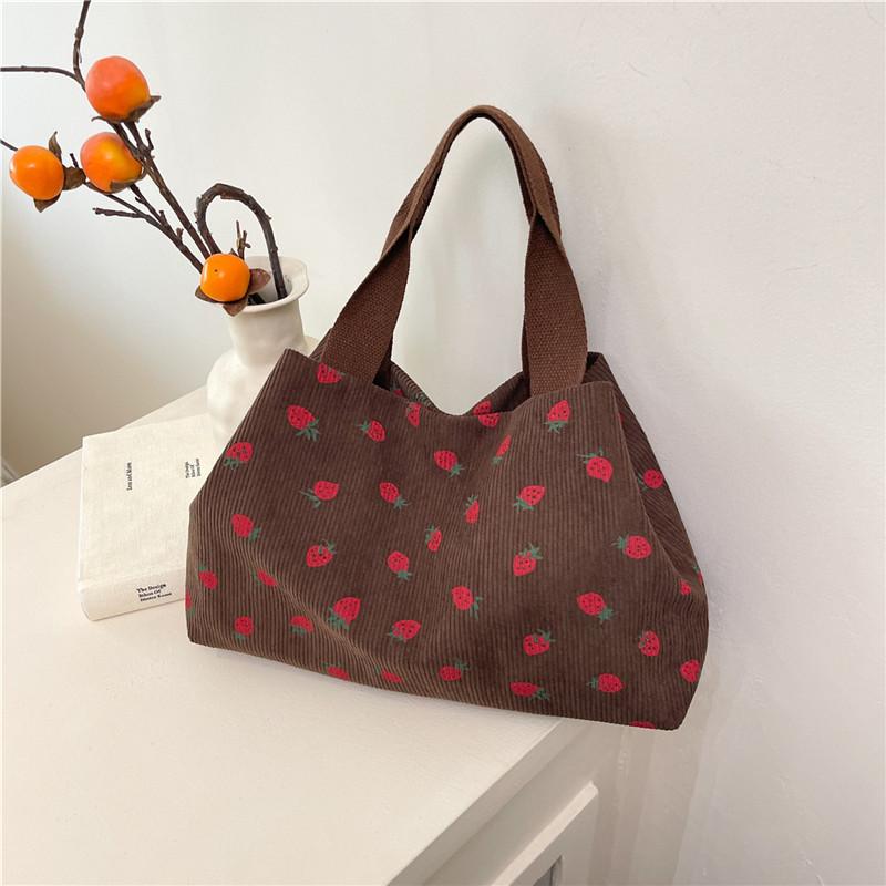Large-capacity Beautiful Women's Bag Summer New Strip Velvet Strawberry Print Versatile Single Shoulder Portable Commuter Tote Bag