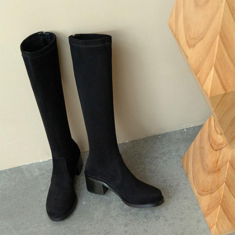 

Новые женские высокие сапоги нескользящая резиновая подошва средний каблук женские сапоги весна и осень молния круглый носок квадратный каблук модные сапоги женские 39 чёрный