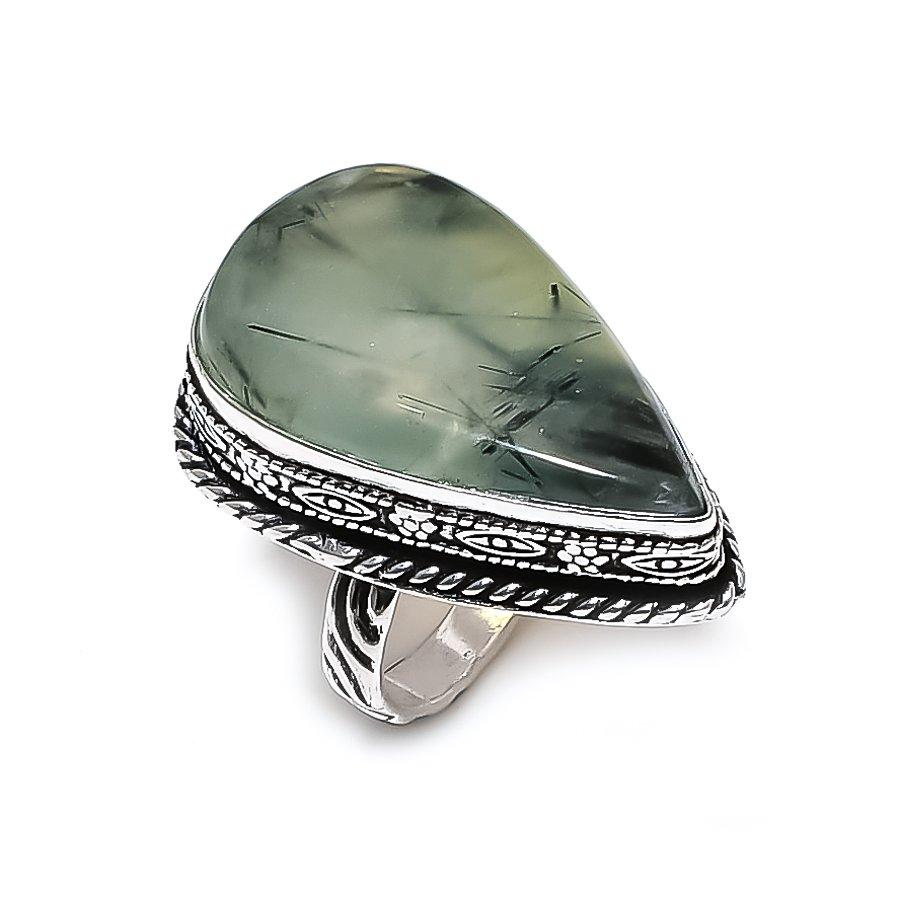 Gemma di Prehnite Naturale Fatto a Mano Gioiello in Argento Sterling 925 Anello Misura 8 p1l55