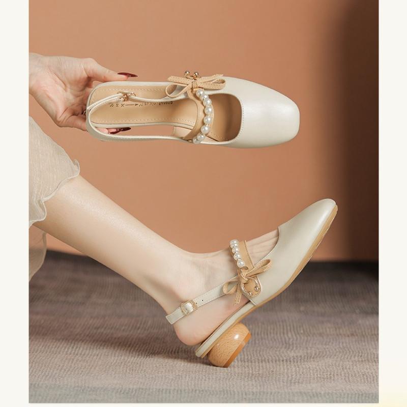 Fashion 2025 New Women Vulcanized Sandals Open Back Round Toe Pearl Bow 3cm Wooden Heel Fashion Casual Summer Shoes