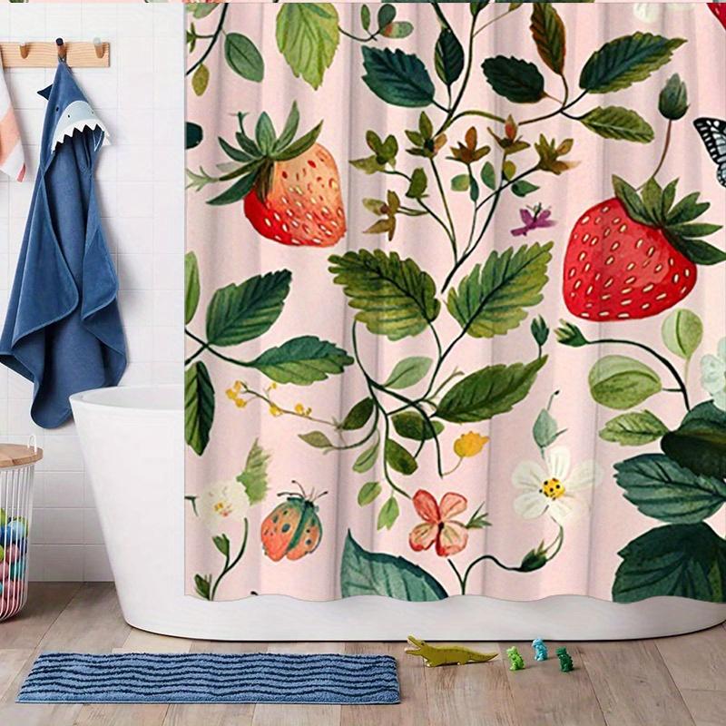 Strawberry & Floral Shower Curtain - Red Strawberries, Green Leaves, Blossoms, Butterflies & Ladybugs,Polyester,70.8x70.8 Inches