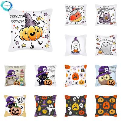Halloween Cartoon Black Cat Ghost Pumpkin Print Cushion Cover For Home Living Room Sofa Decoration Square Pillowcase