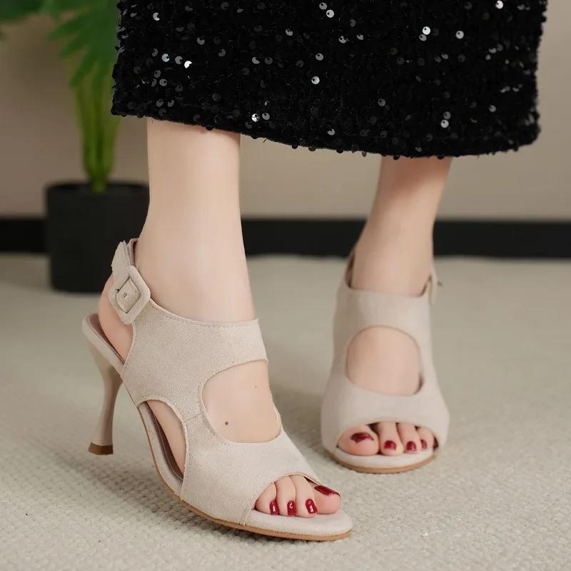 2025 Summer New Peep Toe Women's Open Toe Sandals Party Thin Heels Buckle Strap Shoes Elegant Solid Plus Size Sandals