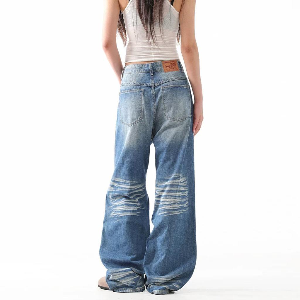 Ladies' Retro Design Versatile Crease Washed Denim Jeans Trendy Straight Leg Wide Leg Mop High Street Jeans