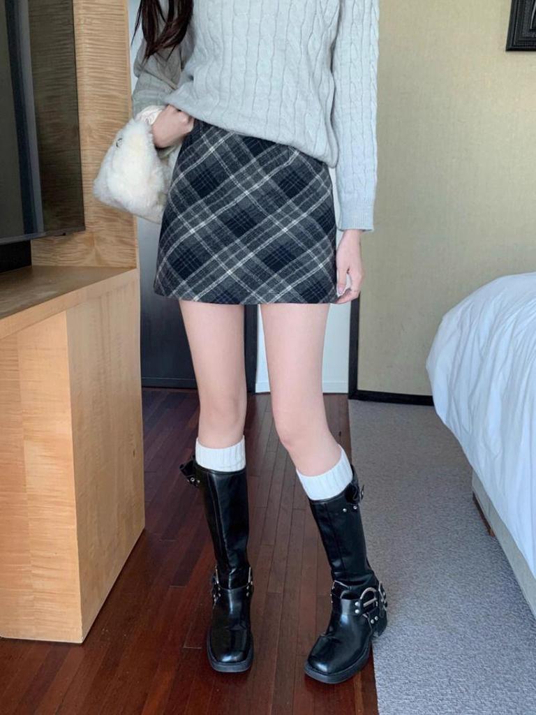 Damen Hochtaillierter Karierter Woll-Minirock - Retro A-Linie Wickelrock, Herbst/Winter Kollektion