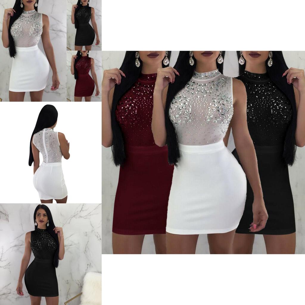 Elegant Sexy Shiny Women's Bodycon Dress With Diamond O Neck For Evening Embroidery