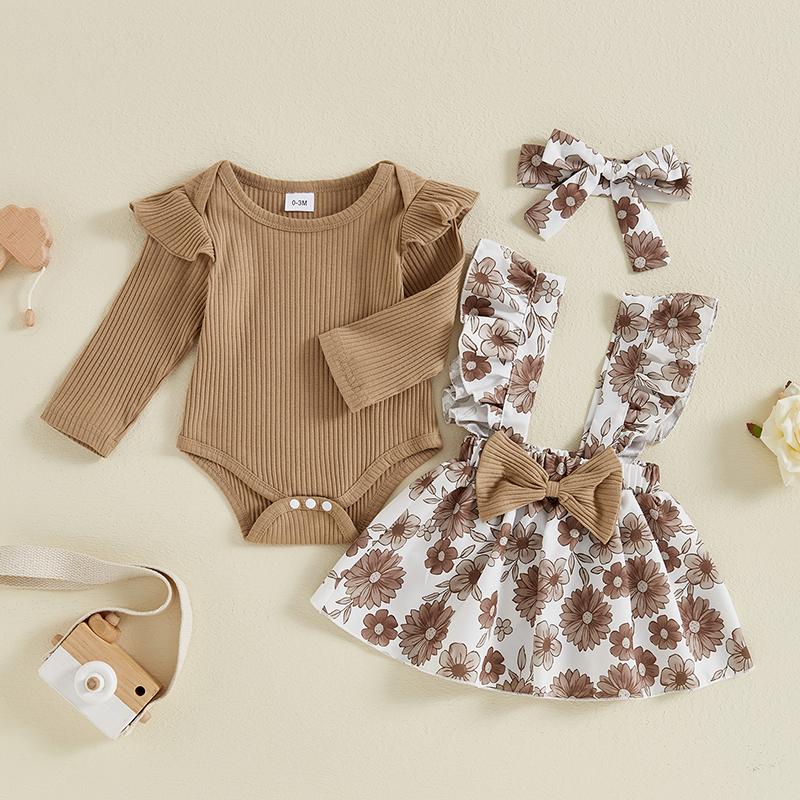 Children Clothing Yulin-001 Unisex Infant 3Pcs Autumn Baby Girl Clothes Sets Infant Newborn Long Sleeve Ribbed Romper + Suspender Skirt + Headband Clothing Outfit 0-18M Cm
