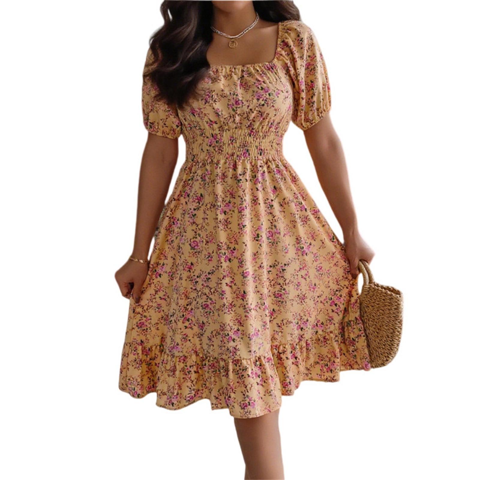 

Женская модная юбка А-силуэта с цветочным принтом, квадратным вырезом и короткими рукавами, с оборками на талии XL жёлтый