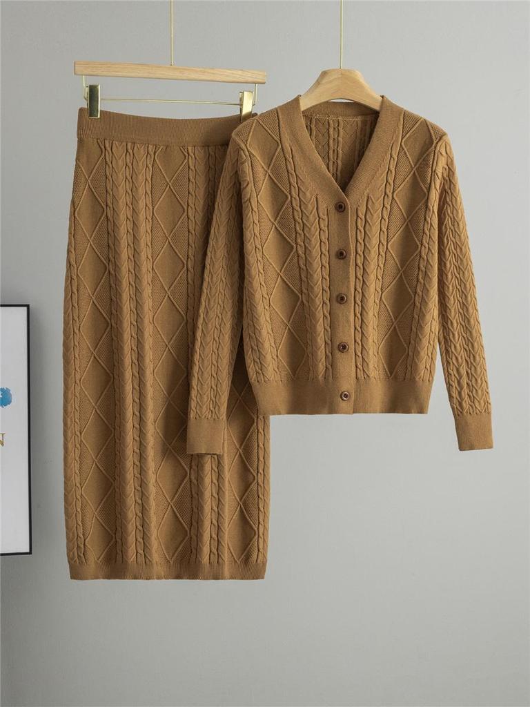 Women's Retro Cable Knit Two-Piece Set: Cardigan & Long Skirt