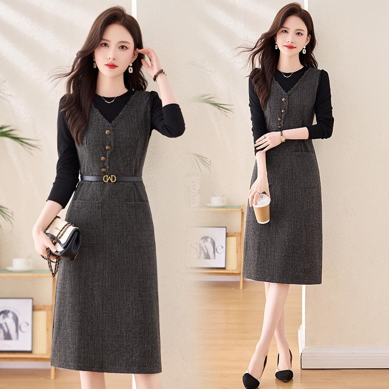 

2025 Весна/Осень Легкая Роскошь Женское Платье с Поясом - Омолаживающий, Модный Стиль Комплекта из Двух Предметов XXXXL (145-155 jin) серый