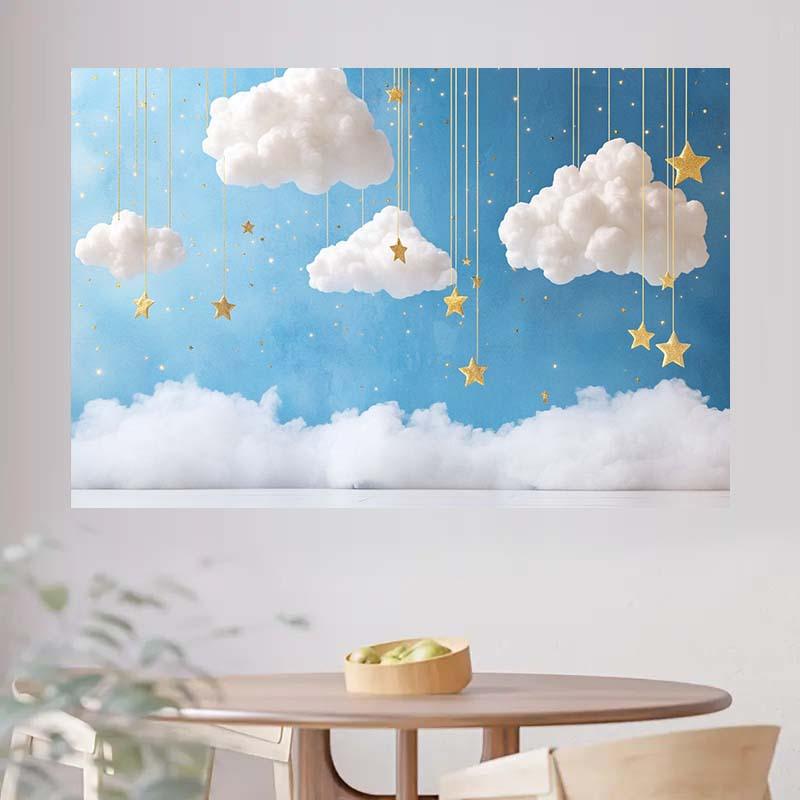 1pc Whimsical Blue Sky and Clouds Tapestry with Golden Stars-polyester Party Background Wall Hanging Photo Shoot, Weddin