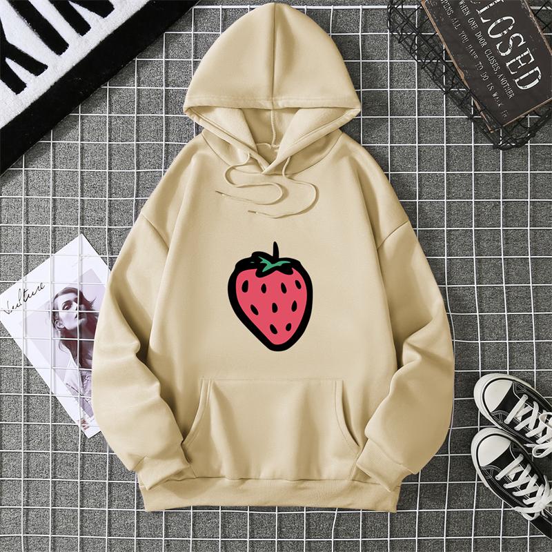 Hooded Sweatshirt Strawberry Cartoon Print Street Fashion Model Wearing Black White Unisex Casual Hoodie
