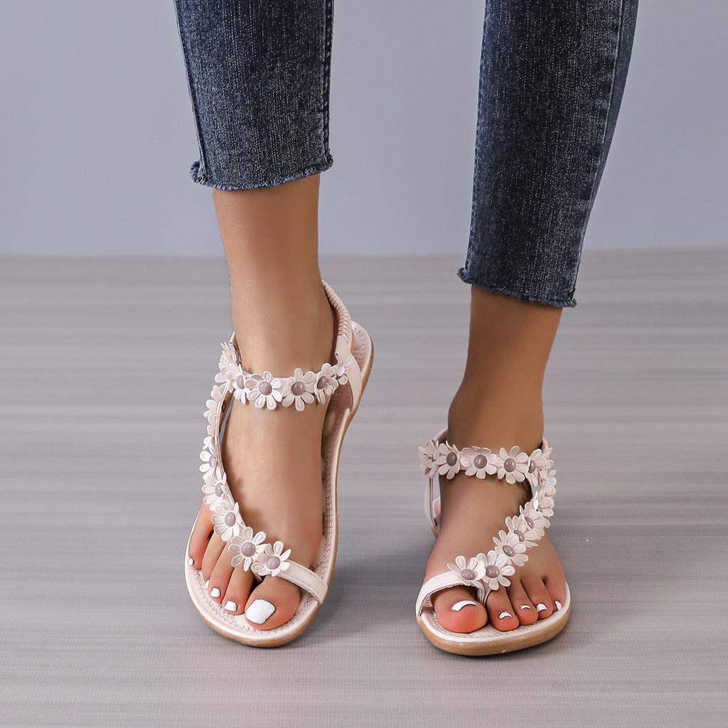 Bohemian Sandals Women's Summer New Style with Toe Clamped Flower Flat Shoes Korean Style Flat Heel Sandals In Large Size
