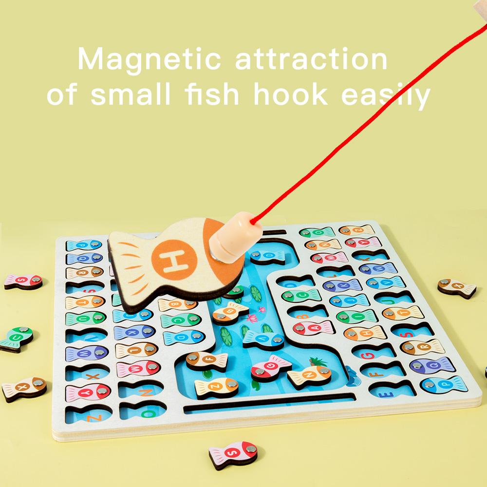 Montessori Magnetic Wooden Fishing Game Toy for Toddlers Alphabet Fish Catching Counting Games Puzzle Preschool Learning ABC Toy