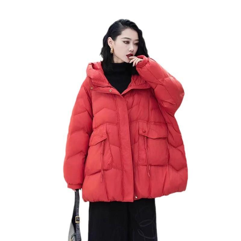 Womens Warm Hooded Down Jacket With Large Pockets Button Decor 2026 Fall Winter Loose Fit