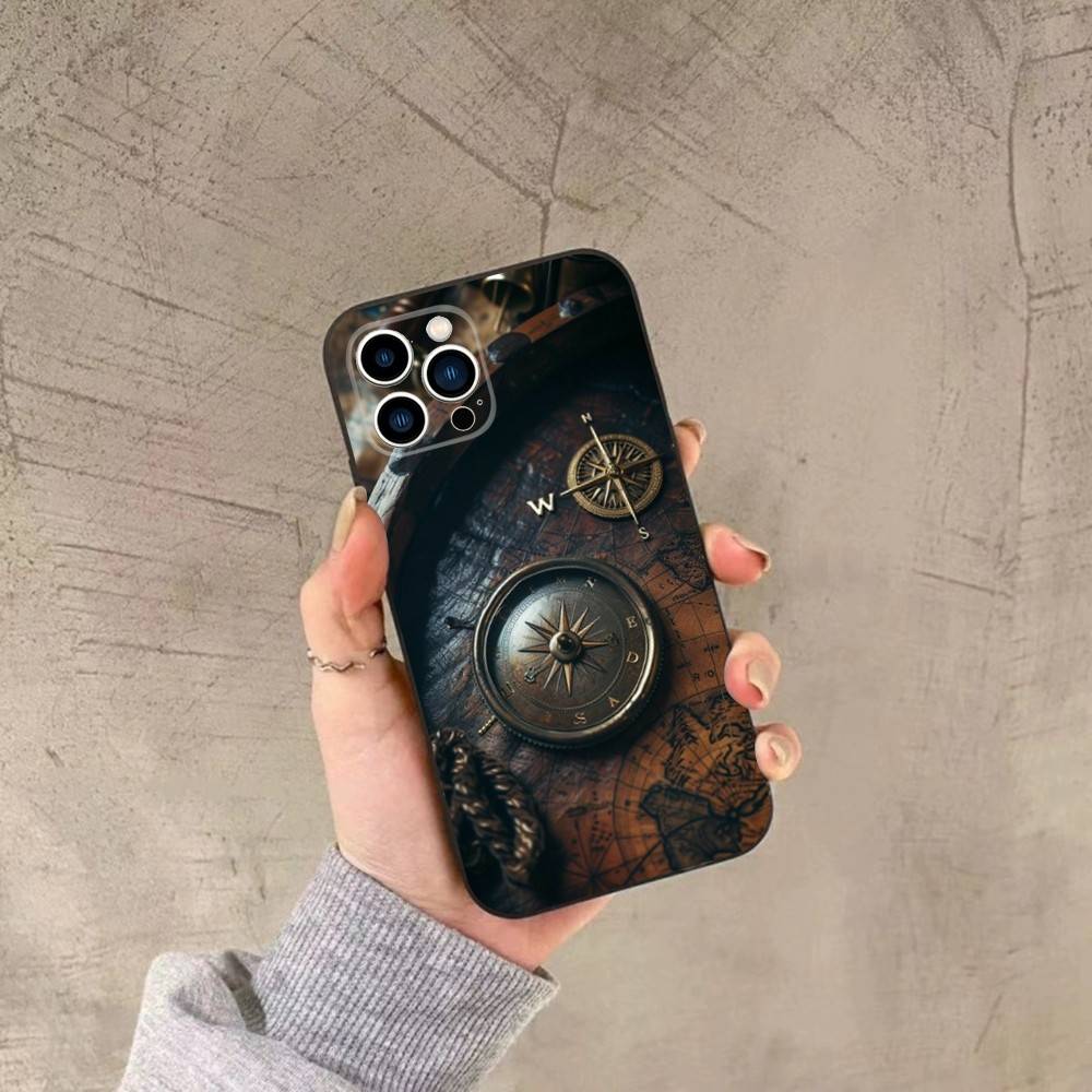 World Map Compass Nautical Phone Case For iPhone 16,15,14,13,12,11,Plus,Pro Max,XS,X,XR,SE,Mini,8,7 Soft Silicone Black Cover