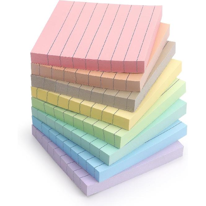 4x6 Inch Lined Sticky Notes, 8 Pack, Light Colors, Premium Self-Adhesive Notepads, Large Sticky Pads for Office, School & Home Use, Easy to Use,