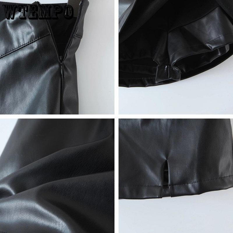 WTEMPO Krátká sukně z PU kůže Dámská Černá Rozparek Slim Vysoký pas Áčková Mini sukně Dámská Vintage Harajuku Streetwear
