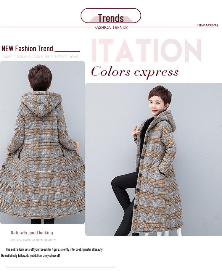 Women's Mid-length Plaid Cotton Coat - Velvet-lined, Thickened for Autumn/Winter