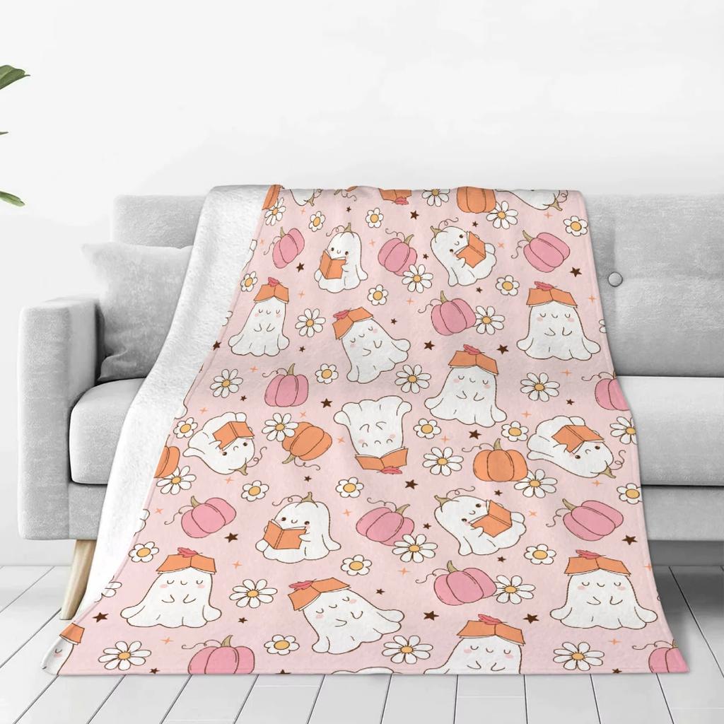 Pink Blanket Happy Halloween Lovely Ghost Flora Soft Flannel Blanket for Home Living Room Bedroom Halloween Decor Birthday Gift