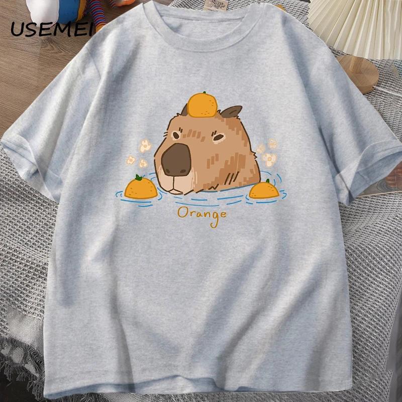 

Capybara Swimming with Oranges T-shirts Oversize T Shirt Unisex Cotton Shrot Sleeve Cartoon Animal Tshirt Round Neck Top Clothes 4XL