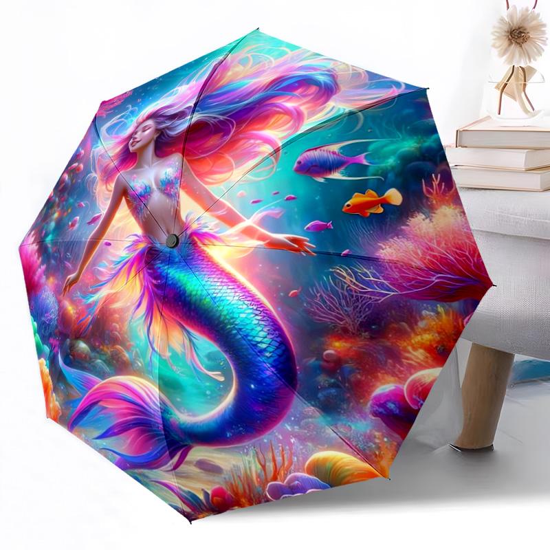 Mermaid Fantasy Stained Glass Outdoor Automatic Umbrella Retractable Design with 8-Rib Durability Lightweight Perfect Gift for Friends Family